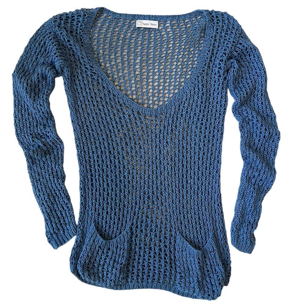 Tahki Yarns Blue Handknit Plunging V-Neck Sweater